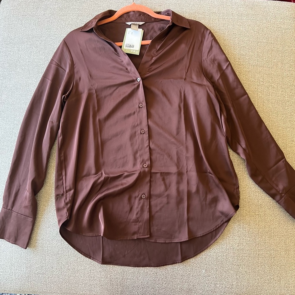 H&M NWT Brown Satin Long-sleeve Button-Up